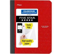 Five Star COLLEGE Ruled Composition Books + Study App, 80 Sheets, 9-3/4" x 7-1/2" (Red)