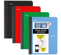 Five Star Composition Book + Study App, 4 Pack, College Ruled Paper, 7-1/2" x 9-3/4", 80 Sheets, Forest Green, Pacific Blue, Fire Red and Black (850065B-ECM)