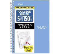 Five Star Small Spiral Notebook, 5 Subject, College Ruled Paper, 180 Sheets, 9-1/2" x 6", Color Will Vary, 1 Count (06184)