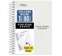Five Star Spiral Notebook, 1 Subject, College Ruled Paper, Personal Size, 4-3/8" x 7", 80 Sheets, Fights Ink Bleed, Water Resistant Cover, White (450048E)