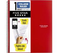 Five Star Spiral Notebook Plus Study App, 1 Subject, College Ruled Paper, 100 Sheets, 8-1/2" x 11", Fire Red (72053)