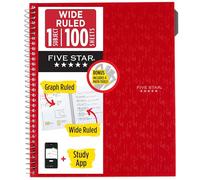 Five Star Spiral Notebook + Study App, 1 Subject, Wide Ruled 8" x 10.5" Paper, Includes 4-Piece Math Tool Set, 100 Sheets, Red (620025B)