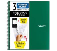Five Star Spiral Notebook + Study App, 3 Subject, College Ruled Paper, Fights Ink Bleed, Water Resistant Cover, 8-1/2" x 11", 150 Sheets, Green (72067)