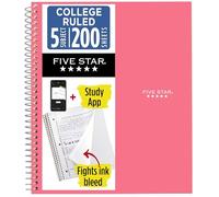 Five Star Spiral Notebook + Study App, 5 Subject, College Ruled Paper, 8-1/2" x 11", 200 Sheets, Fights Ink Bleed, Water Resistant Cover, Prom Pink (820004R)