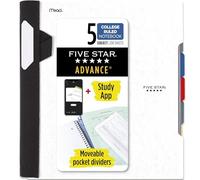 Five Star Spiral Notebook + Study App, 5 Subject, College Ruled Paper, Advance Notebook with Spiral Guard, Movable Tabbed Dividers and Expanding Pockets, 8-1/2" x 11", 200 Sheets, White (73154)