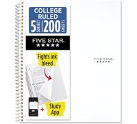 Five Star Spiral Notebook + Study App, 5 Subject, College Ruled Paper, Fights Ink Bleed, Water Resistant Cover, 8-1/2" x 11", 200 Sheets, White (72460)