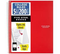 Five Star Spiral Notebook + Study App, 5 Subject, College Ruled Paper, Fights Ink Bleed, Water Resistant Cover, 8-1/2" x 11", 200 Sheets, Red (72077)