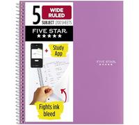Five Star Spiral Notebook + Study App, 5 Subject, Wide Ruled Paper, Fights Ink Bleed, Water Resistant Cover, 8" x 10-1/2", 200 Sheets, Amethyst Purple (38739)