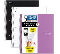 Five Star Spiral Notebooks Plus Study App, 3 Pack, 5 Subject, College Ruled Paper, 200 Sheets, 11" x 8-1/2", School, Wired, Assorted Colors (38500)