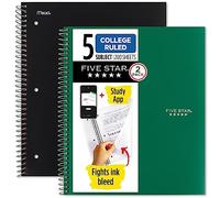 Five Star Spiral Notebooks + Study App, 2 Pack, 5 Subject, College Ruled Paper, 8-1/2" x 11", 200 Sheets, Fights Ink Bleed, Water Resistant Cover, Black, Green (820190)