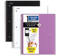 Five Star Spiral Notebooks + Study App, 3 Pack, 1-Subject, College Ruled Paper, 100 Sheets, 11" x 8-1/2", Black, White, Amethyst Purple (820188-ECM)