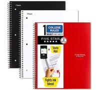 Five Star Spiral Notebooks + Study App, 3 Pack, 1 Subject, College Ruled Paper, Pockets, 100 Sheets, Home School Supplies for College Student or K-12, 11” x 8-1/2", Black, White & Red (73055)