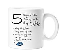 Five Things I Like , Bike, Cyclist Mug White 11 OZ White Ceramic Mug - Burgundy - Funny Novelty Tea Coffee Gift Mug for Cyclists Any Occasion - Birthday Gift, Christmas Gift, Stocking Filler