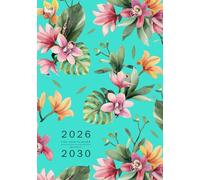 Five Year Planner 2026-2030: A5 Monthly Notebook Organizer Small | Orchid Flower Tropical Leaf Design Turquoise