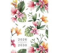 Five Year Planner 2026-2030: A5 Monthly Notebook Organizer Small | Orchid Flower Tropical Leaf Design White