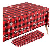 Fivebop 10 Pack Plastic Christmas Tablecloth Disposable Red Snowflake 54 x 108 Inch Retangle Tablecovers Decoration for Holiday Banquet Party Supplies (10 Pack-Check)
