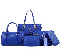 FiveloveTwo Women Handbags 6 Pcs Set PU Top Handle Purse Splicing Shoulder Crossbody Bag Tote Satchels Clutch Card Holder Blue