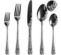 Fivent Floral Damask Rose Black Cutlery Set - 20 pcs - Includes 8 x Spoons, 8 x Forks, 4 x Knife - Stainless Steel, Dishwasher Safe, Mirror Polished Tableware - Durable Flatware - Home Kitchen
