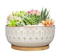 Fivepot 20.5CM Ceramic Succulent Planter Pots with Drainage Hole for Indoor Plants Round Shallow Bonsai Flower Pot with Bamboo Tray White