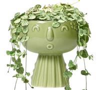 Fivepot Face Plant Pot 7 Inch - Cute Ceramic Flower Head Planter for Indoor Outdoor Succulent with Drainage Hole Present for Mother Christmas Green