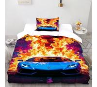 FIVERGIDEC Fire Car Bedding Set 3D Digital Printing Blaze Flame Vehicle Duvet Cover Set 2 Pieces Microfiber Comforter Cover Universal for All Seasons with Pillowcase Single（135x200cm）