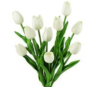 FiveSeasonStuff 10 Stems of Real Touch Tulip Artificial Flowers Bouquet, Perfect for Wedding, Bridal, Party, Home, Holidays, Garden, Birthday, Office Décor DIY (White)