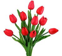 FiveSeasonStuff 10 Stems of Real Touch Tulip Artificial Flowers Bouquet, Perfect for Wedding, Bridal, Party, Home, Holidays, Garden, Birthday, Office Décor DIY (Red)