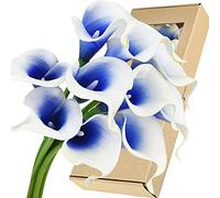 FiveSeasonStuff 10 Stems Real Touch Calla Lilies Artificial Flower Bouquet in Gift Box, Perfect for Wedding, Bridal, Party, Home Office Décor DIY (White & Blue)