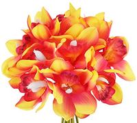 FiveSeasonStuff 12 Stems of Real Touch Artificial Cymbidium | Boat Orchid Flowers & Bouquet, for Home | Kitchen | Wedding | Office| Décor | DIY Floral Arrangement - 23cm (9.1 inches), Sunset