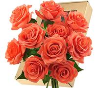 FiveSeasonStuff 12 Stems Real Touch Roses Artificial Flower Silk Roses ‘Petals Feel and Look like Fresh Roses' Bouquet of Flowers Floral Arrangements (Coral Orange)