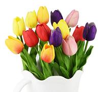 FiveSeasonStuff 15 Stems of Real Touch Tulip Artificial Flowers Bouquet, Perfect for Wedding, Bridal, Party, Home, Holidays, Garden, Birthday, Office Décor DIY (Rainbow)