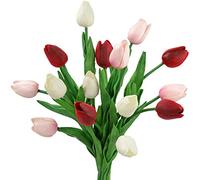 FiveSeasonStuff 15 Stems of Real Touch Tulip Artificial Flowers Bouquet, Perfect for Wedding, Bridal, Party, Home, Holidays, Garden, Birthday, Office Décor DIY (Charming Lady)