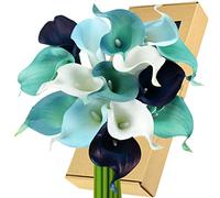 FiveSeasonStuff 15 Stems Real Touch Calla Lilies Artificial Flower Bouquet, Perfect Wedding, Bridal, Party, Home Office Décor DIY (Posh Blue Mix (15 Stems))