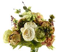 FiveSeasonStuff 2 Bouquet of Peony Silk Artificial Flowers and Hydrangeas/Perfect for Wedding, Bridal, Party, Home, Office Décor (Country Rustic Brown Beige & Green (2 Bundles))