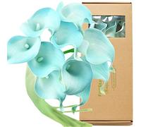 FiveSeasonStuff Aqua Blue Artificial Calla Lily Stems, Set of 10 Soft-Touch PU Flowers, 36 cm for Home Interiors and Display Styling