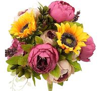 FiveSeasonStuff ''Country Cottage'' Silk Pink Peonies and Sunflowers Mix Flower Bouquet Artificial Flowers 1 Bundle Peony 2 Stems of Sunflowers