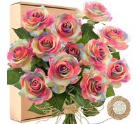 FiveSeasonStuff Fake Roses Wedding Flowers Real Touch Silk Rainbow Artificial Flowers 12 Stems