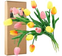 FiveSeasonStuff Tulips Artificial Flowers | Real Touch | Wedding Bouquet Home Décor Party | Floral Arrangements | 15 Stems (Festive Bloom)