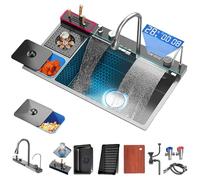 FIVIXIL Double Waterfall Sink with LED Display, Cup Washer, Soap Dispenser, Waterfall Mixer, Countertop Controls - Gun Grey, 82 * 48 * 21cm