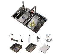 FIVIXIL Kitchen Sink Double Waterfall Sink with LED Display and Ambient Light with Cup Washer, soap Dispenser and Counter Control Drain with a Wide Range of Accessories (Gun Grey, 75 * 45 * 22cm)