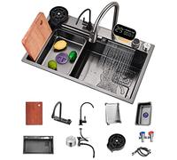 FIVIXIL Kitchen Sink Flying rain Waterfall with Digital Display Single Sink with Pull-Out tap, pressurised Cup Washer and Other Accessories Workstation Kitchen Sink… (Gun Grey, 85x46x22cm)