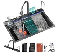 FIVIXIL Kitchen Sink Multifunctional Digital Display Waterfall Sink with Cup Washer, soap Dispenser, rain Waterfall, Table Control and Other Functions with LED Display (Gun Grey, 75 * 46 * 22cm)