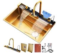 FIVIXIL Kitchen Sink Whale Double Waterfall Sink with LED Display with Cup Washer, soap Dispenser, Waterfall Mixer, countertop Controls, etc Workstation Kitchen (75 * 46 * 22cm, Gold)