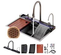 FIVIXIL Kitchen Sink Whale Double Waterfall Sink with LED Display with Cup Washer, soap Dispenser, Waterfall Mixer, countertop Controls, etc Workstation Kitchen (75 * 46 * 22cm, Gun Grey)