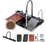 FIVIXIL Kitchen Sink Whale Double Waterfall Sink with LED Display with Cup Washer, soap Dispenser, Waterfall Mixer, countertop Controls, etc Workstation Kitchen (90 * 50 * 22cm, Gun Grey)