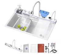 FIVIXIL Kitchen Sink Whale Double Waterfall Sink with LED Display with Cup Washer, soap Dispenser, Waterfall Mixer, countertop Controls, etc Workstation Kitchen (80 * 46 * 22cm, White)