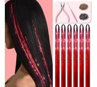 Fiwecos Red Hair Extensions Set 120 cm Shiny with 1200 Strands Tools and Instructions Easy to Install Hair Extensions with Shine and Fairy Tinsel
