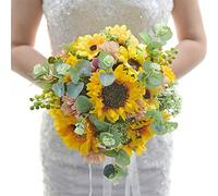 Fiwisora 10.5" Bridal Holding Bouquet Real-Looking Sunflower Mixed with Small Flowers Hemp Ribbon Throw Bouquet for Wedding Brides Bridesmaid Wedding Hold Flower