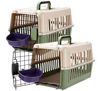 Fiwochic 2 Set Travel Pet Carrier Small Plastic Hard Cat Dog Carrier with Bowl Wire Door and Grille Mat Breathable Portable Puppy Kennel for Walking Camping Veterinary Visits (Green White)