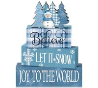 Fiwochic 8 Pcs Christmas Wooden Table Decor Blue Winter Snowman Joy Tiered Tray Decor Plaid Block Signs Xmas Tree Centerpiece Snowflake Let It Snow Tabletop Decoration for Home Party Kitchen Shelf